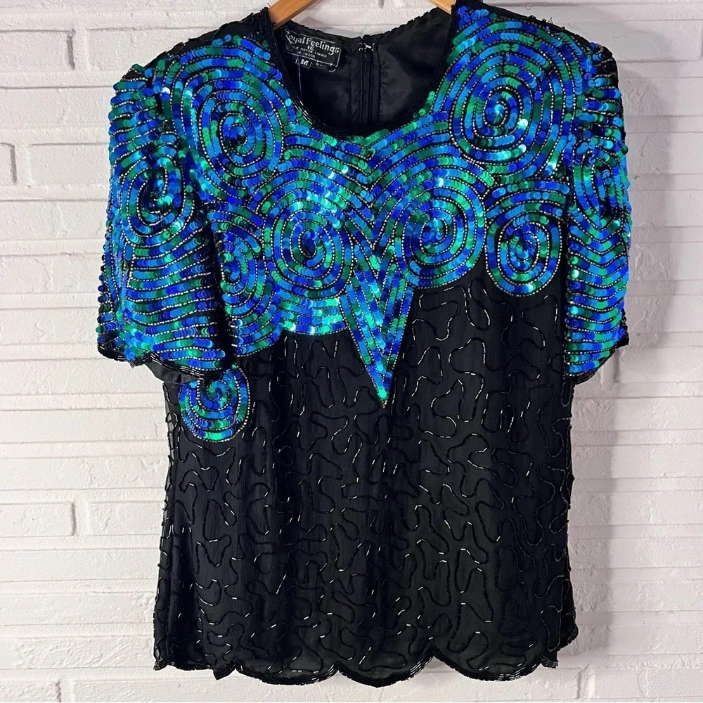 Royal Feelings Vintage Silk Black Sequins Beaded Short Sleeve Cocktail Blouse